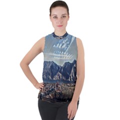 Lake In Italy Mock Neck Chiffon Sleeveless Top by ConteMonfrey