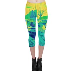 Blue And Green Boat Modern  Capri Leggings  by ConteMonfrey