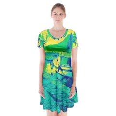 Blue And Green Boat Modern  Short Sleeve V-neck Flare Dress by ConteMonfrey