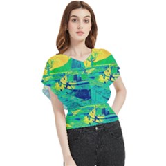 Blue And Green Boat Modern  Butterfly Chiffon Blouse