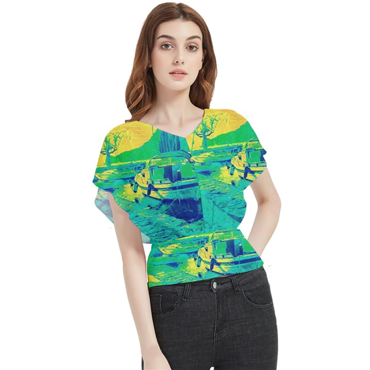 Blue and green boat modern  Butterfly Chiffon Blouse