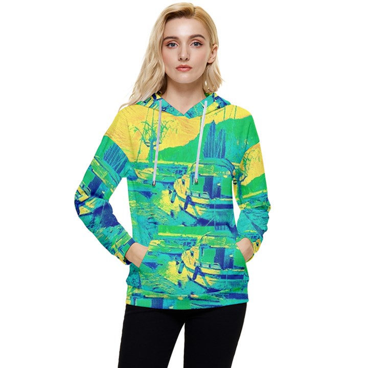 Blue and green boat modern  Women s Lightweight Drawstring Hoodie