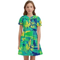 Blue And Green Boat Modern  Kids  Bow Tie Puff Sleeve Dress by ConteMonfrey