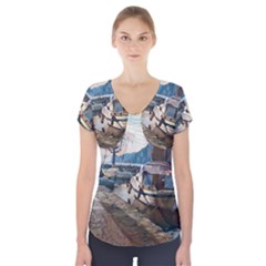 Boats On Gardasee, Italy  Short Sleeve Front Detail Top by ConteMonfrey