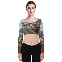 Boats On Gardasee, Italy  Velvet Long Sleeve Crop Top by ConteMonfrey