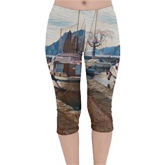 Boats On Gardasee, Italy  Velvet Capri Leggings  by ConteMonfrey