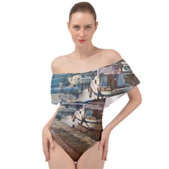 Boats On Gardasee, Italy  Off Shoulder Velour Bodysuit  by ConteMonfrey