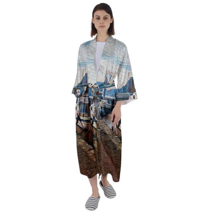 Boats on Gardasee, Italy. Maxi Satin Kimono