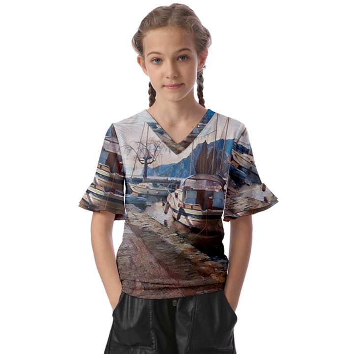 Boats on Gardasee, Italy. Kids  V-Neck Horn Sleeve Blouse