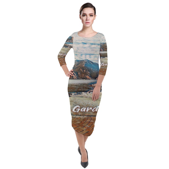 Calm Day On Lake Garda Quarter Sleeve Midi Velour Bodycon Dress