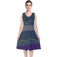 Abstract Landscape Art Design Pattern Water V-neck Midi Sleeveless Dress 