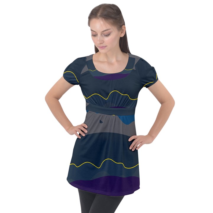 Abstract Landscape Art Design Pattern Water Puff Sleeve Tunic Top