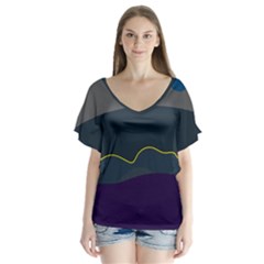 Abstract Landscape Art Design Pattern Water V-neck Flutter Sleeve Top by Jancukart