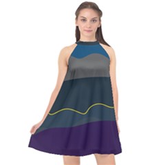 Abstract Landscape Art Design Pattern Water Halter Neckline Chiffon Dress 