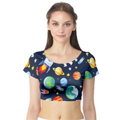 Space Galaxy Seamless Background Short Sleeve Crop Top