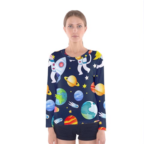 Space Galaxy Seamless Background Women s Long Sleeve Tee by Jancukart