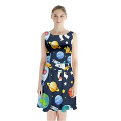 Space Galaxy Seamless Background Sleeveless Waist Tie Chiffon Dress