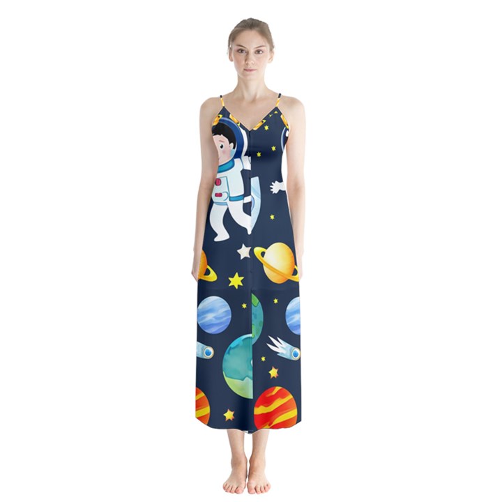 Space Galaxy Seamless Background Button Up Chiffon Maxi Dress