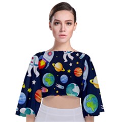 Space Galaxy Seamless Background Tie Back Butterfly Sleeve Chiffon Top