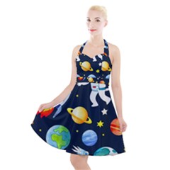 Space Galaxy Seamless Background Halter Party Swing Dress 