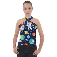 Space Galaxy Seamless Background Cross Neck Velour Top