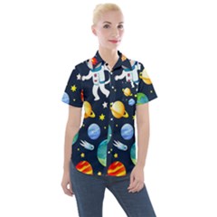 Space Galaxy Seamless Background Women s Short Sleeve Pocket Shirt