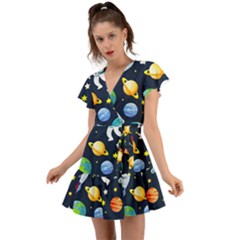 Space Galaxy Seamless Background Flutter Sleeve Wrap Dress