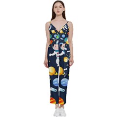 Space Galaxy Seamless Background V-neck Spaghetti Strap Tie Front Jumpsuit