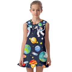 Space Galaxy Seamless Background Kids  Pilgrim Collar Ruffle Hem Dress