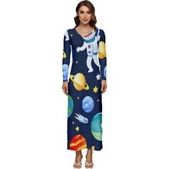 Space Galaxy Seamless Background Long Sleeve Velour Longline Maxi Dress