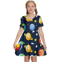 Space Galaxy Seamless Background Kids  Short Sleeve Tiered Mini Dress by Jancukart