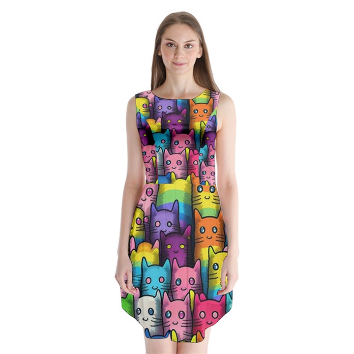 Cats Cat Cute Animal Rainbow Pattern Colorful Sleeveless Chiffon Dress  