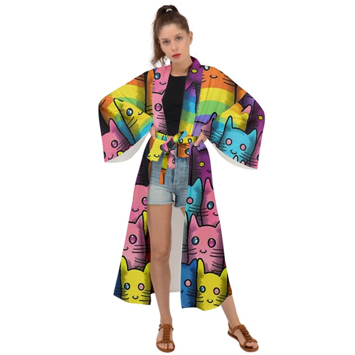 Cats Cat Cute Animal Rainbow Pattern Colorful Maxi Kimono