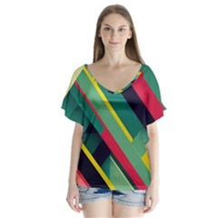 Pattern Abstract Geometric Design V-neck Flutter Sleeve Top