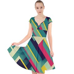 Pattern Abstract Geometric Design Cap Sleeve Front Wrap Midi Dress