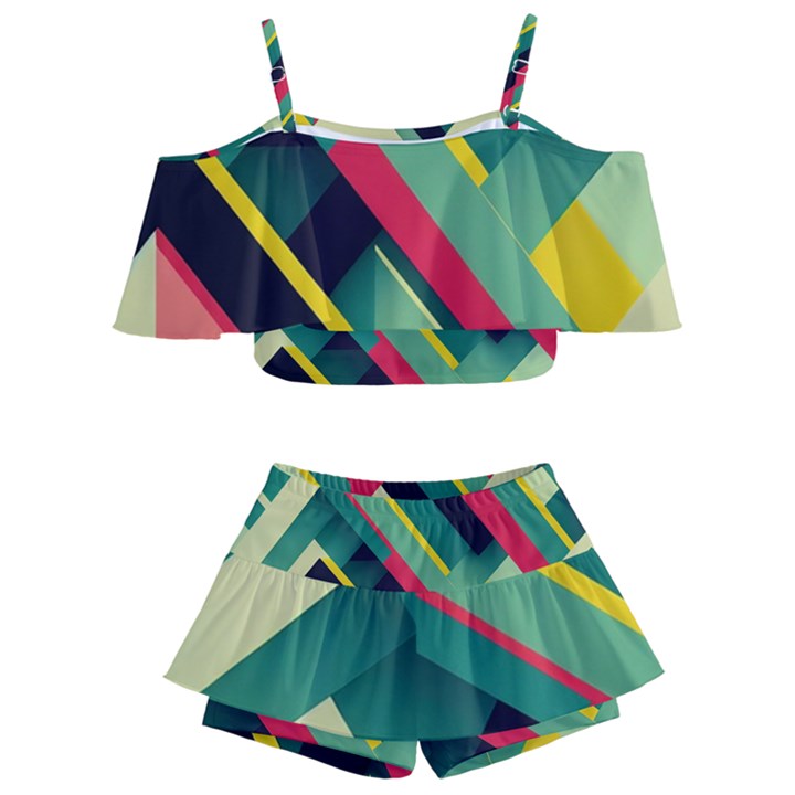 Pattern Abstract Geometric Design Kids  Off Shoulder Skirt Bikini