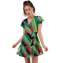 Pattern Abstract Geometric Design Flutter Sleeve Wrap Dress