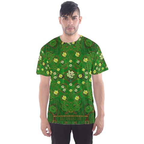 Lotus Bloom In Gold And A Green Peaceful Surrounding Environment Men s Sport Mesh Tee by pepitasart