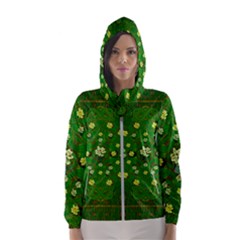 Lotus Bloom In Gold And A Green Peaceful Surrounding Environment Women s Hooded Windbreaker