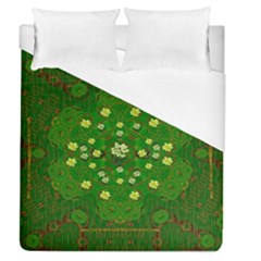 Lotus Bloom In Gold And A Green Peaceful Surrounding Environment Duvet Cover (queen Size) by pepitasart