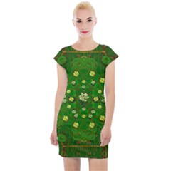 Lotus Bloom In Gold And A Green Peaceful Surrounding Environment Cap Sleeve Bodycon Dress by pepitasart