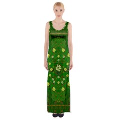 Lotus Bloom In Gold And A Green Peaceful Surrounding Environment Thigh Split Maxi Dress by pepitasart