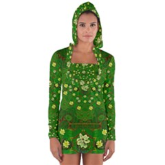 Lotus Bloom In Gold And A Green Peaceful Surrounding Environment Long Sleeve Hooded T-shirt by pepitasart