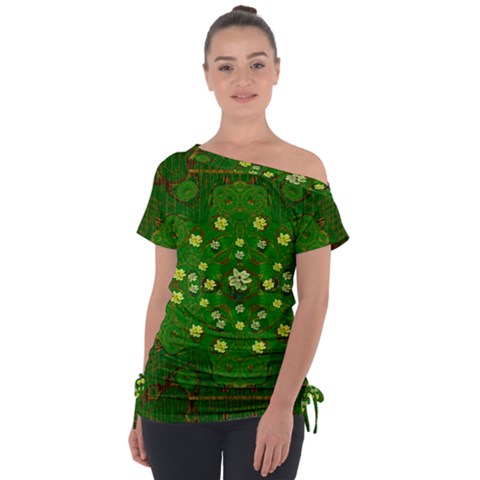 Lotus Bloom In Gold And A Green Peaceful Surrounding Environment Off Shoulder Tie-up Tee by pepitasart