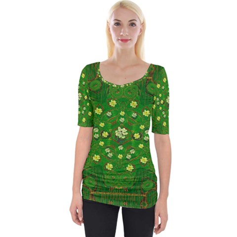 Lotus Bloom In Gold And A Green Peaceful Surrounding Environment Wide Neckline Tee by pepitasart