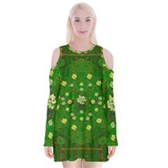 Lotus Bloom In Gold And A Green Peaceful Surrounding Environment Velvet Long Sleeve Shoulder Cutout Dress by pepitasart