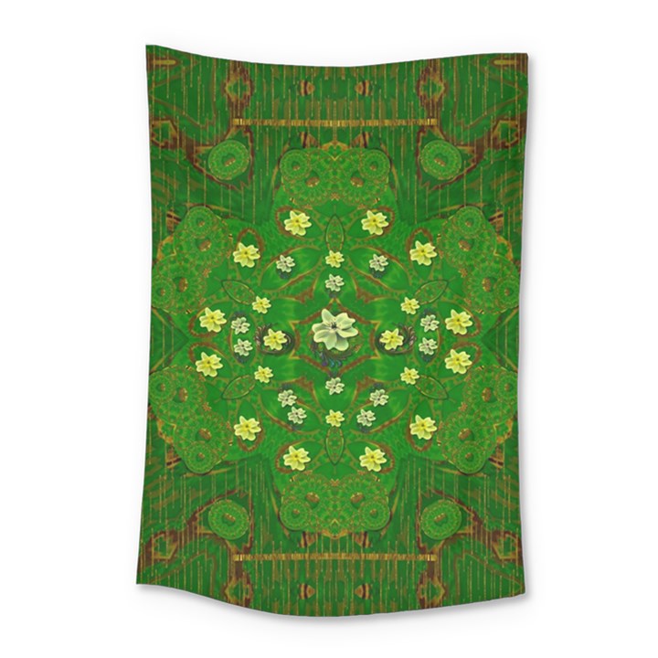 Lotus Bloom In Gold And A Green Peaceful Surrounding Environment Small Tapestry