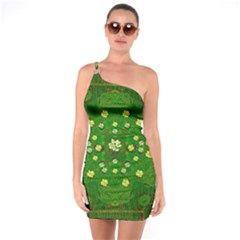 Lotus Bloom In Gold And A Green Peaceful Surrounding Environment One Soulder Bodycon Dress by pepitasart