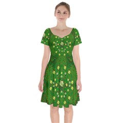 Lotus Bloom In Gold And A Green Peaceful Surrounding Environment Short Sleeve Bardot Dress by pepitasart