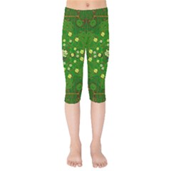 Lotus Bloom In Gold And A Green Peaceful Surrounding Environment Kids  Capri Leggings  by pepitasart